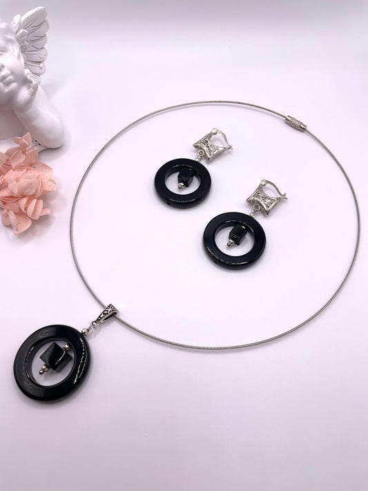Onyx Schmuck-Set, Kette, Ohrringe