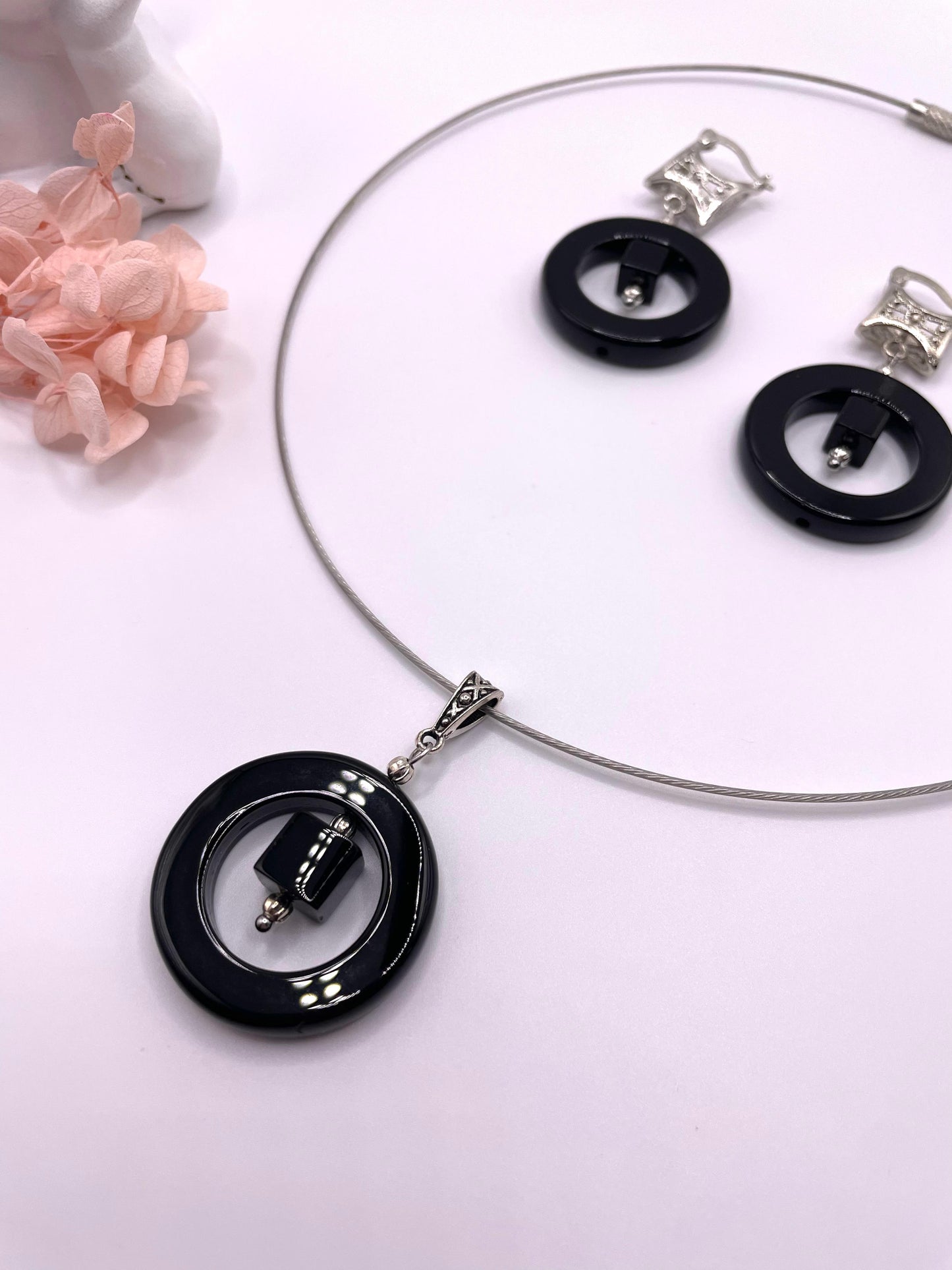 Onyx Schmuck-Set, Kette, Ohrringe