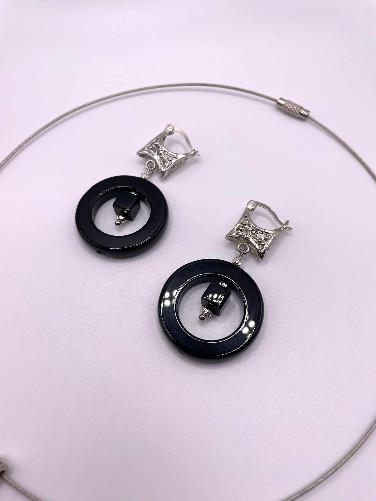 Onyx Schmuck-Set, Kette, Ohrringe