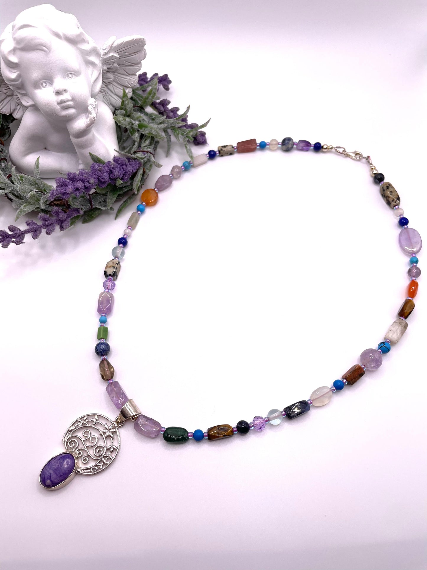 Amethyst, Karneol, Perlen-Mix, Edelstein Kette