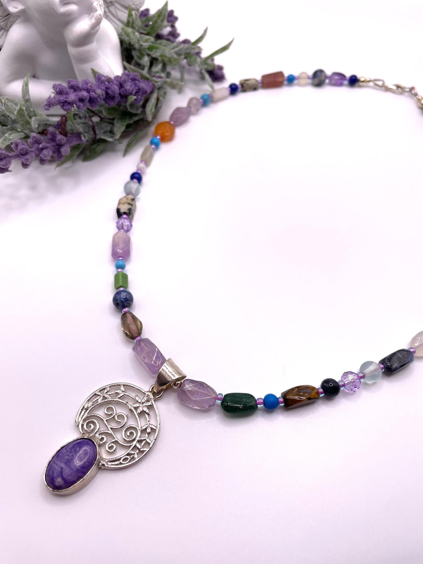 Amethyst, Karneol, Perlen-Mix, Edelstein Kette