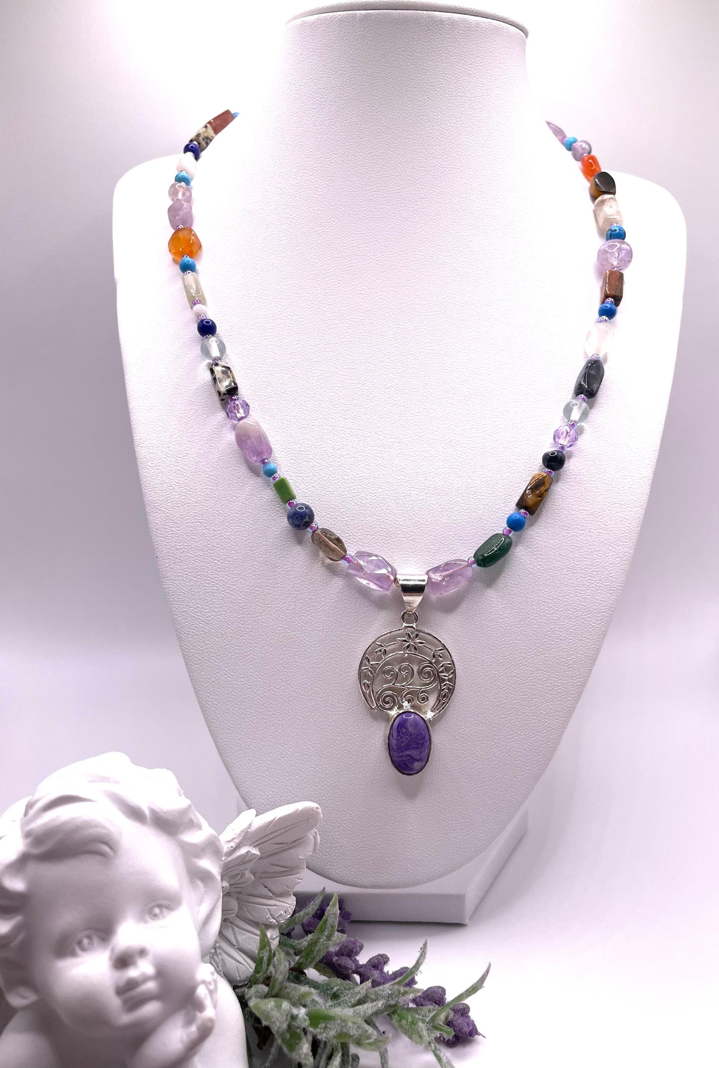Amethyst, Karneol, Perlen-Mix, Edelstein Kette