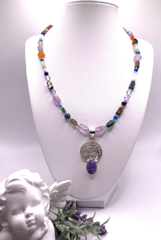 Amethyst, Karneol, Perlen-Mix, Edelstein Kette