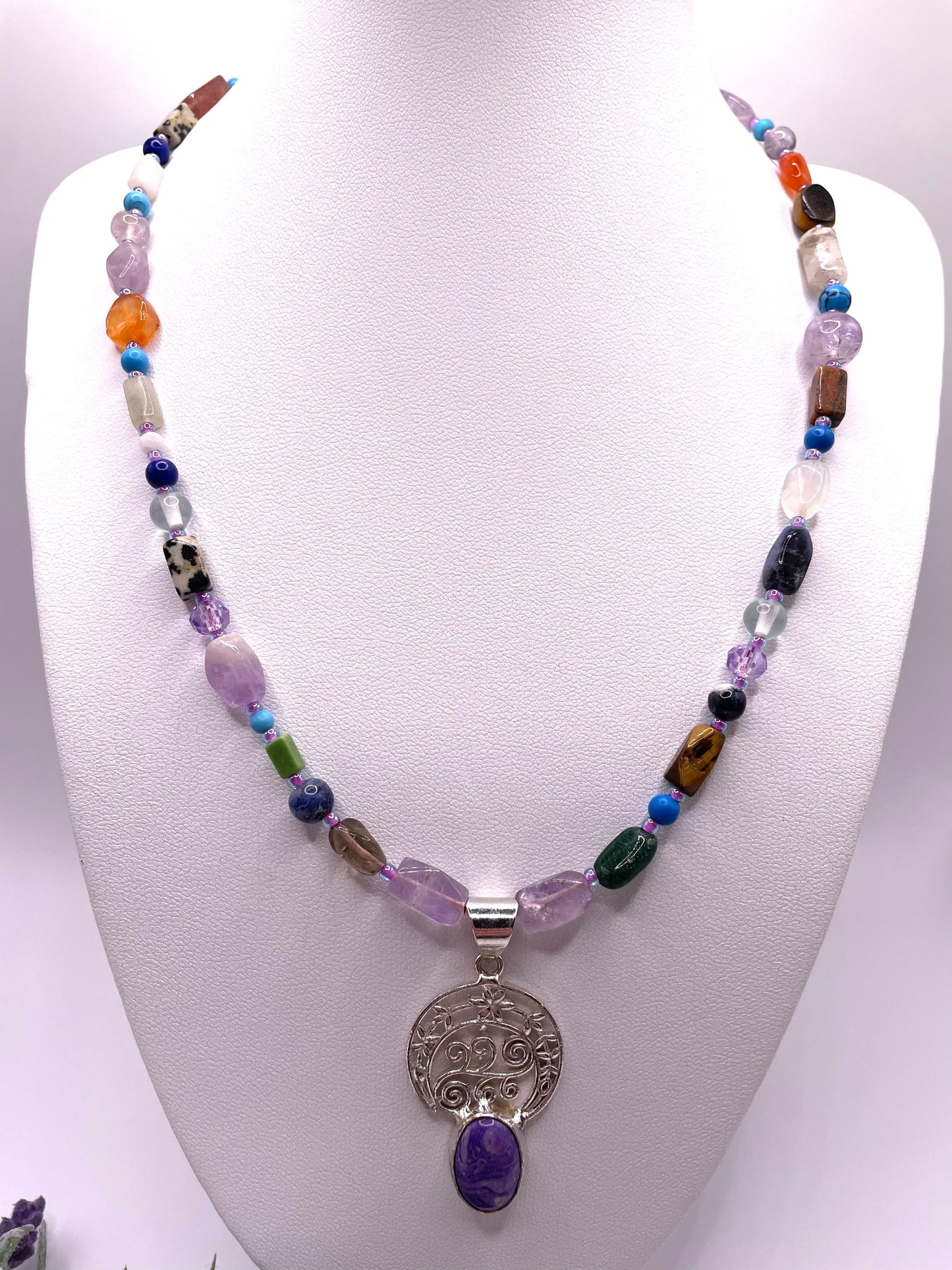 Amethyst, Karneol, Perlen-Mix, Edelstein Kette