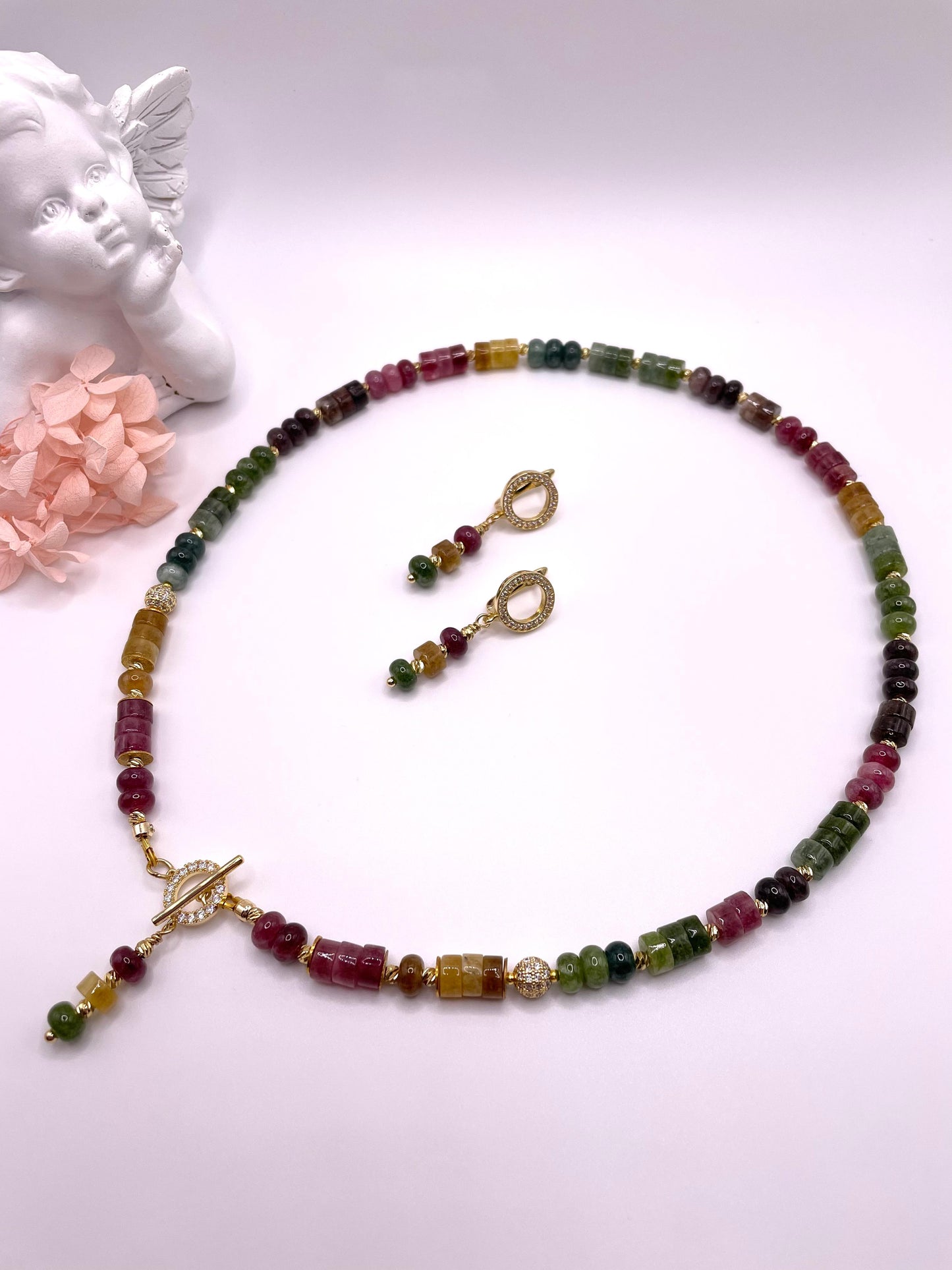 Turmalin, Schmuck-Set, Kette, Ohrringe