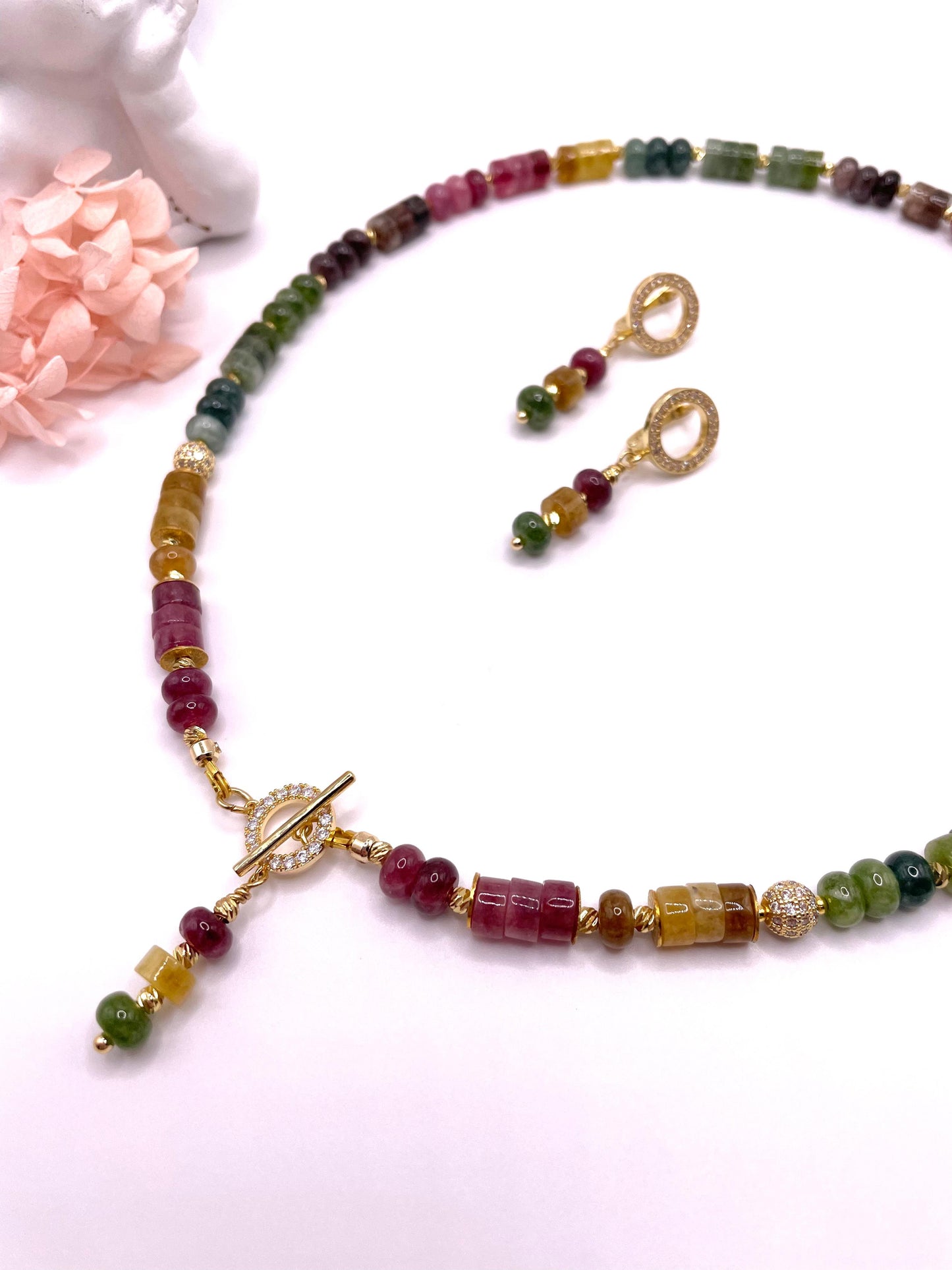 Turmalin, Schmuck-Set, Kette, Ohrringe