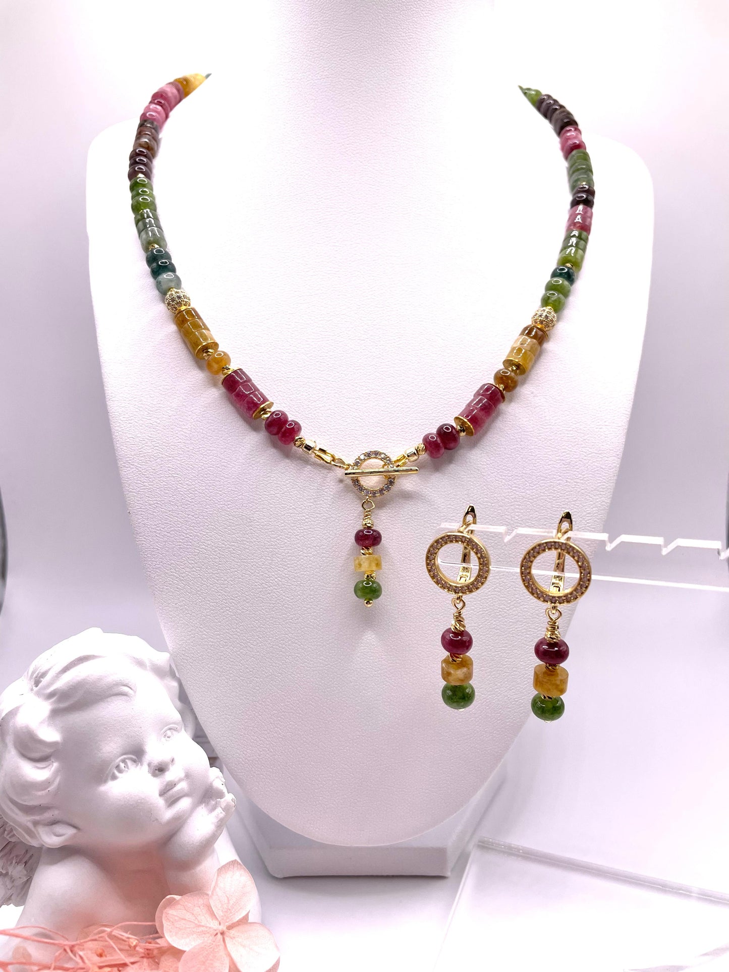 Turmalin, Schmuck-Set, Kette, Ohrringe