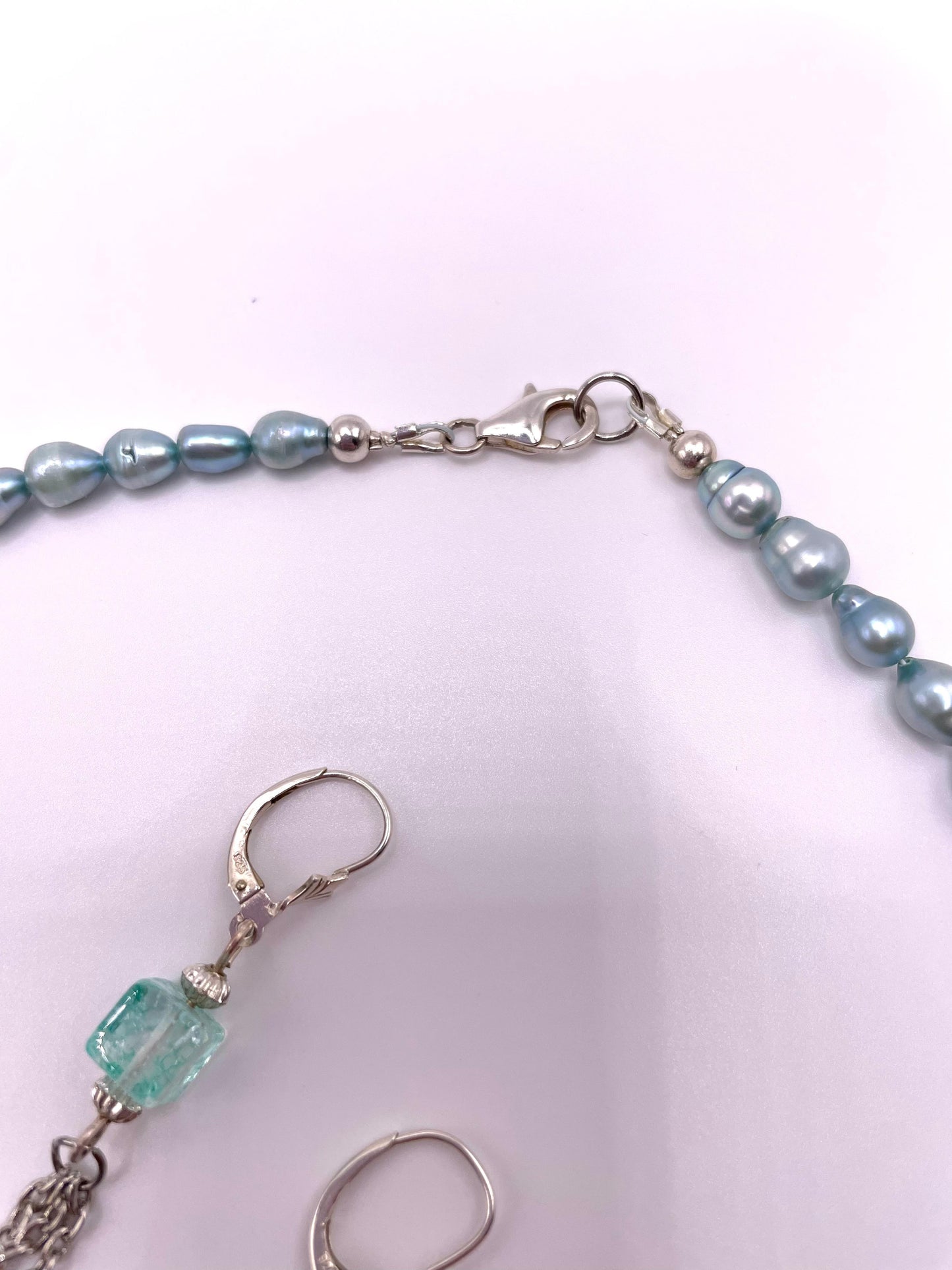 Süßwasserperlen, Schmuck-Set, Kette, Ohrringe im zarten mint