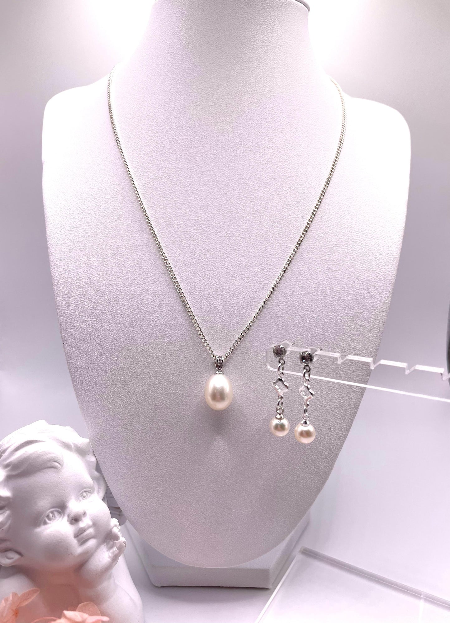Schmuck-Set, Kette, Ohrstecker, Süßwasserperlen, Silber 925