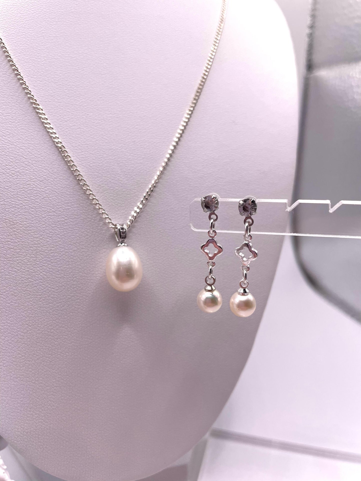 Schmuck-Set, Kette, Ohrstecker, Süßwasserperlen, Silber 925