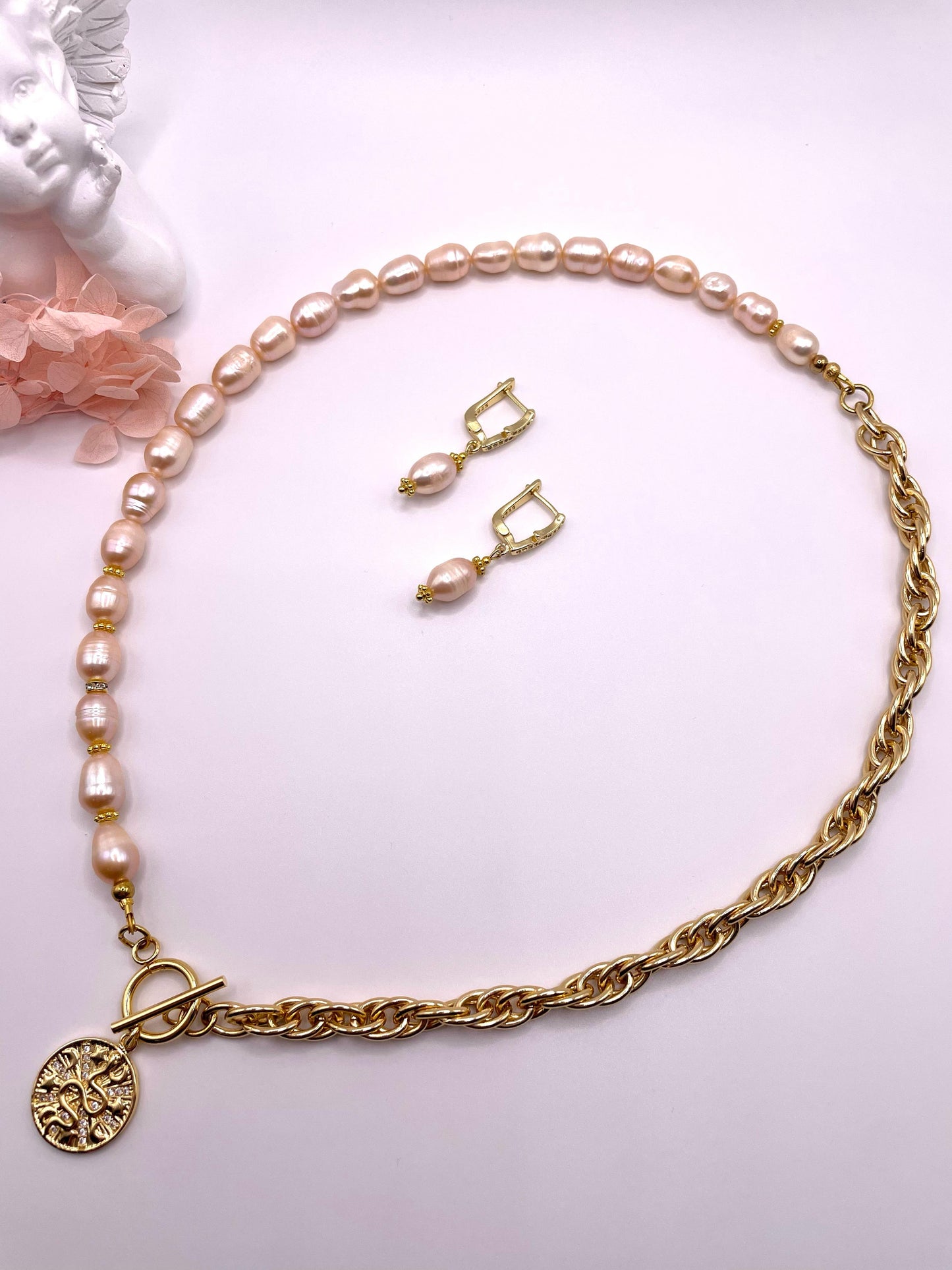 Süßwasserperlen, Schmuck-Set, Kette und Ohrringe