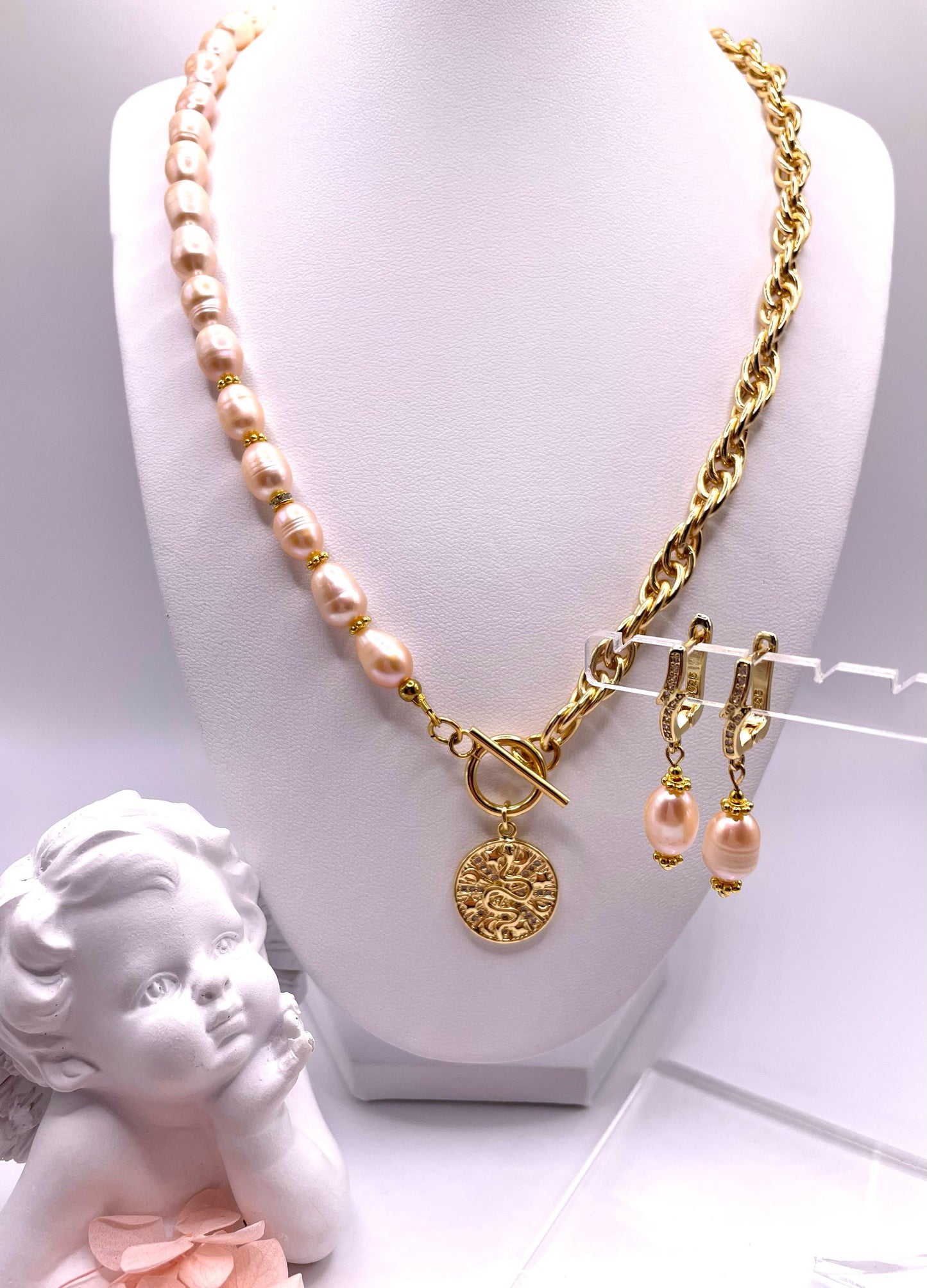 Süßwasserperlen, Schmuck-Set, Kette und Ohrringe
