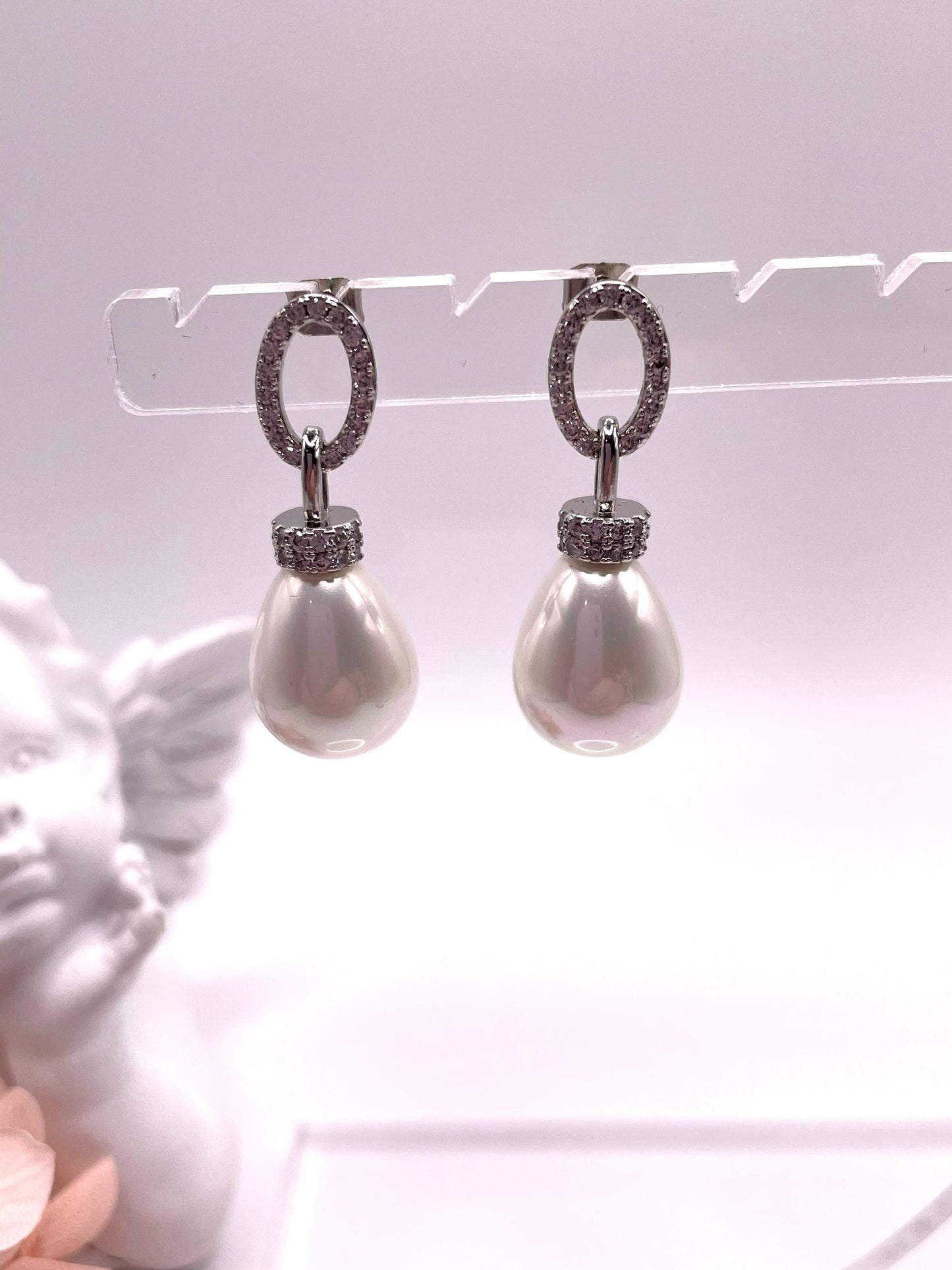 Ohrstecker mit Muschelperlen, rhodiniert mit Zirkonia