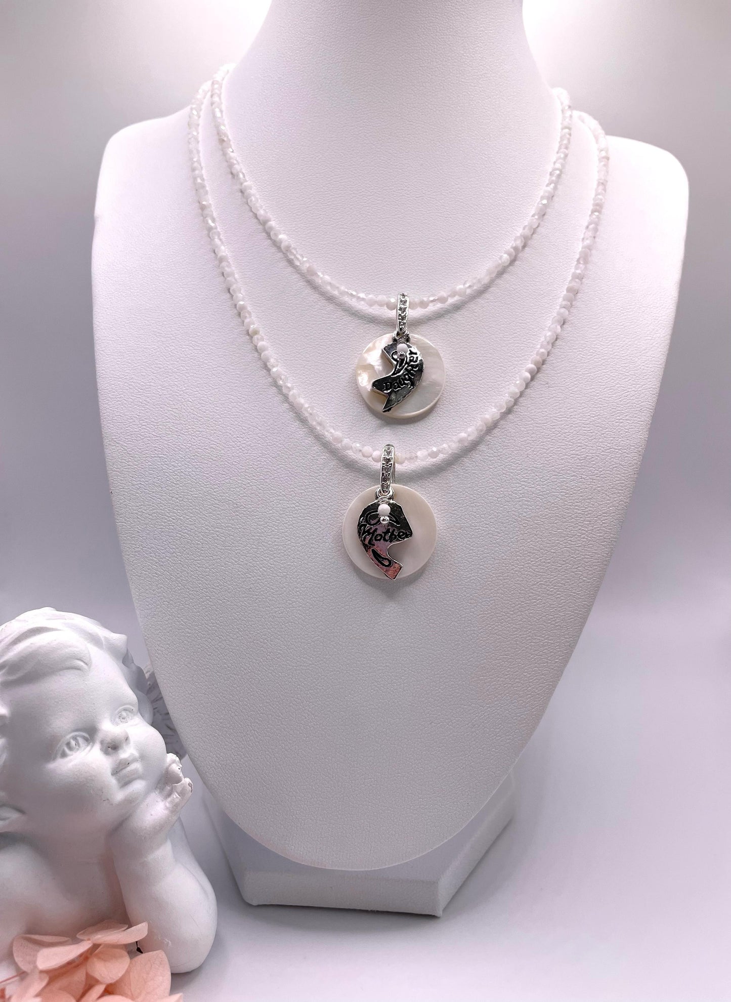 Mondstein, zwei Edelsteinketten für Mutter und Tochter