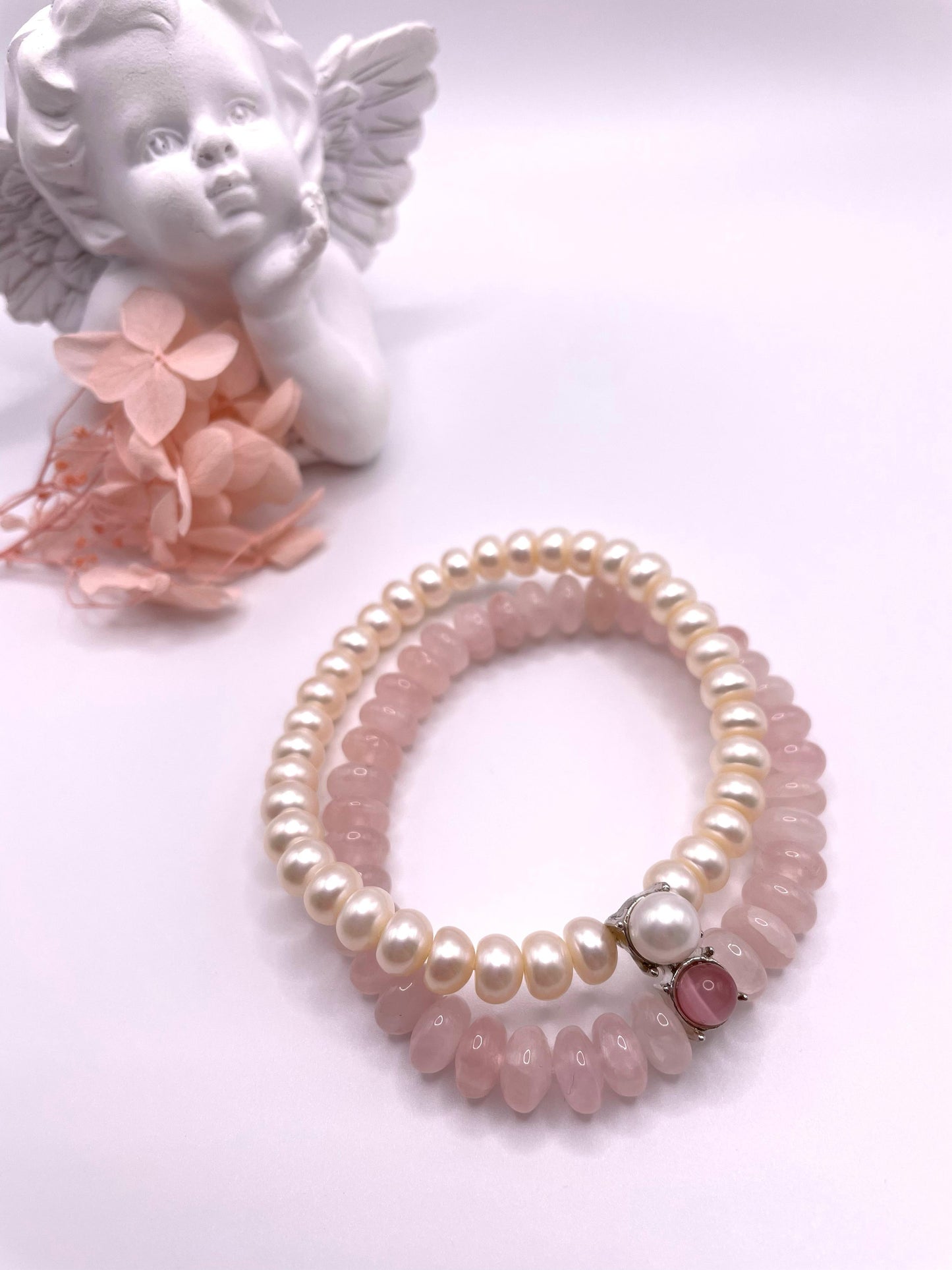 Süßwasserperlen, Rosenquarz, Armband zweireihig, elastisch