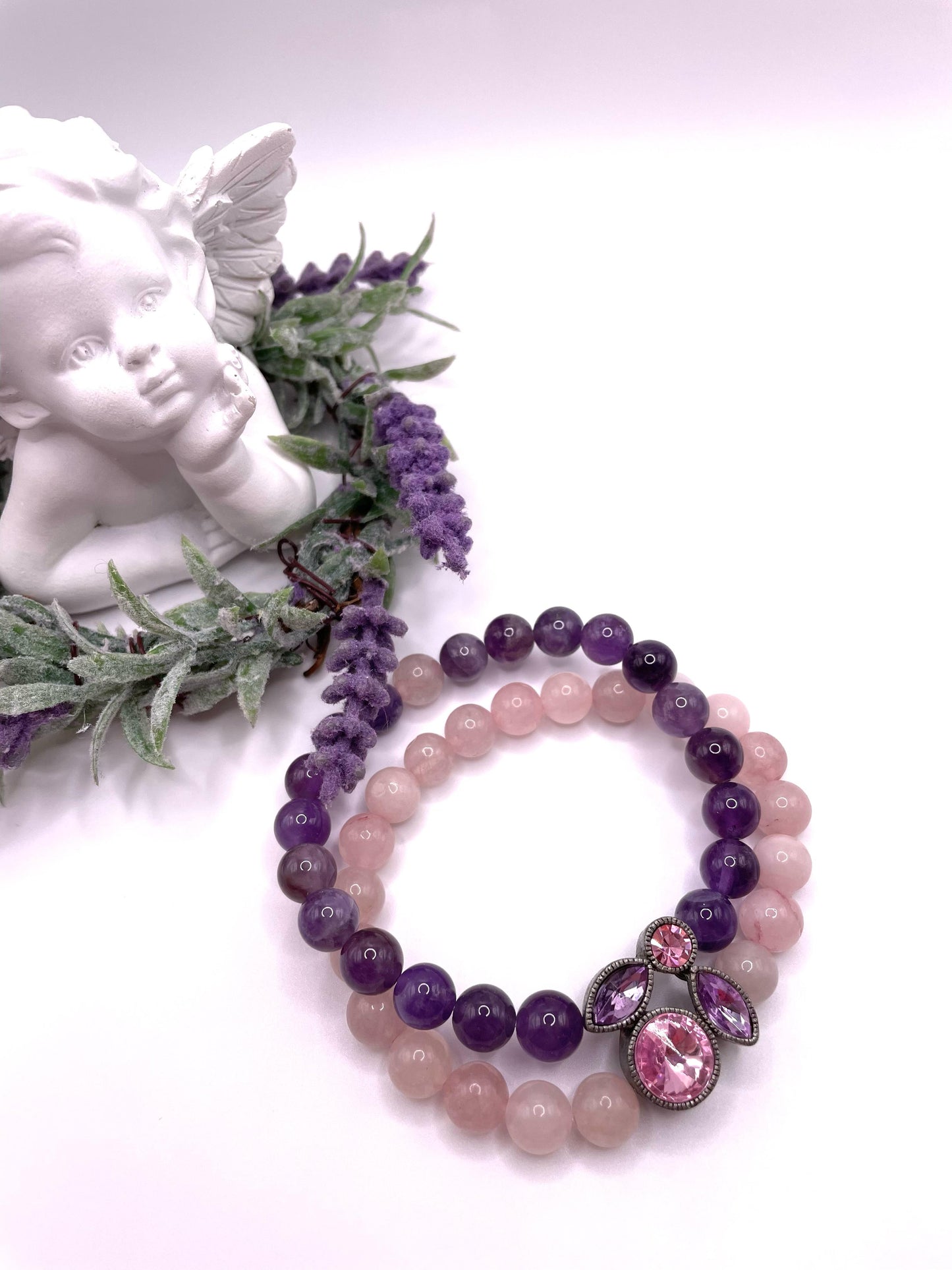 Rosenquarz, Amethyst, Armband zweireihig, elastisch