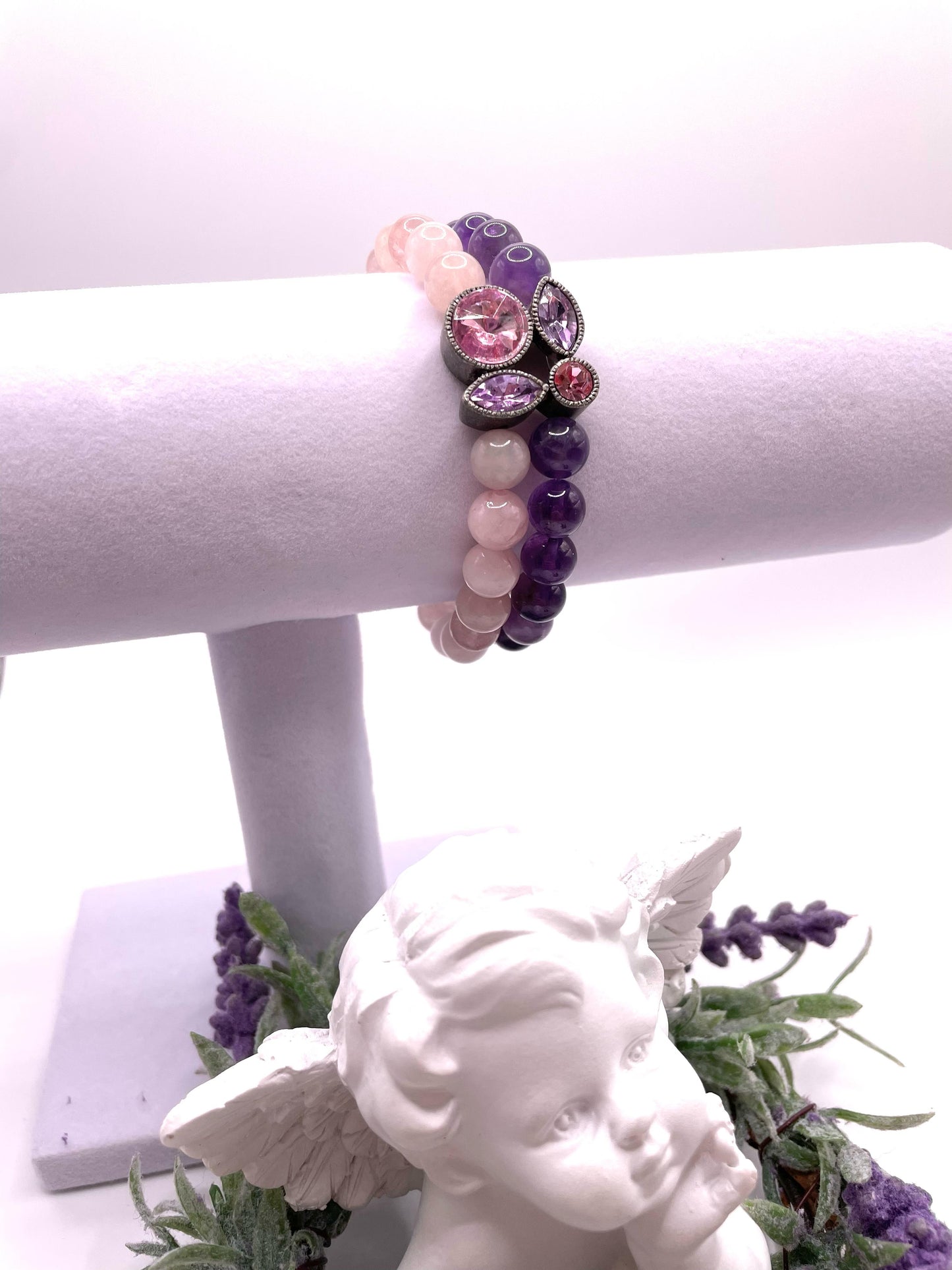 Rosenquarz, Amethyst, Armband zweireihig, elastisch