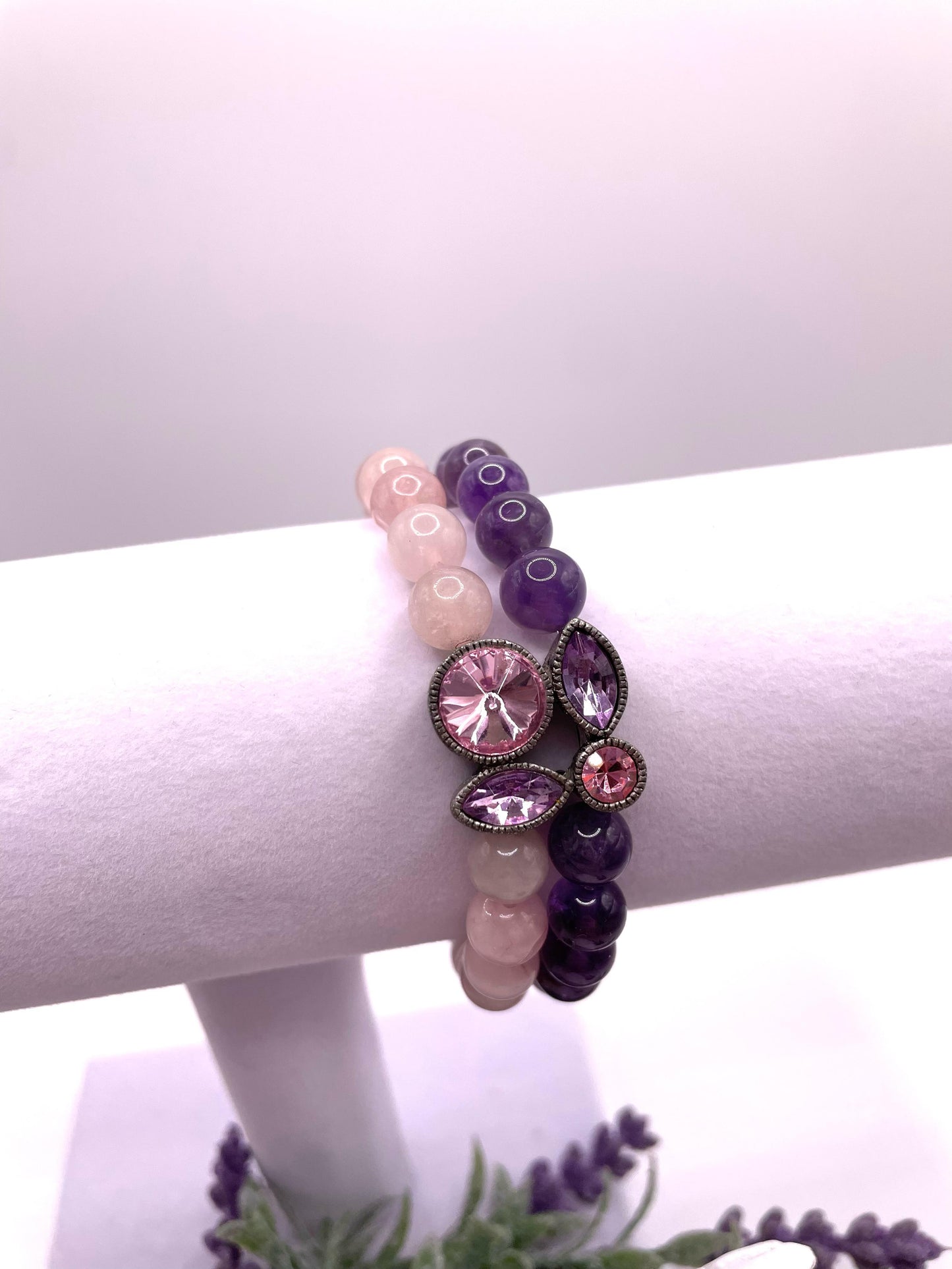 Rosenquarz, Amethyst, Armband zweireihig, elastisch