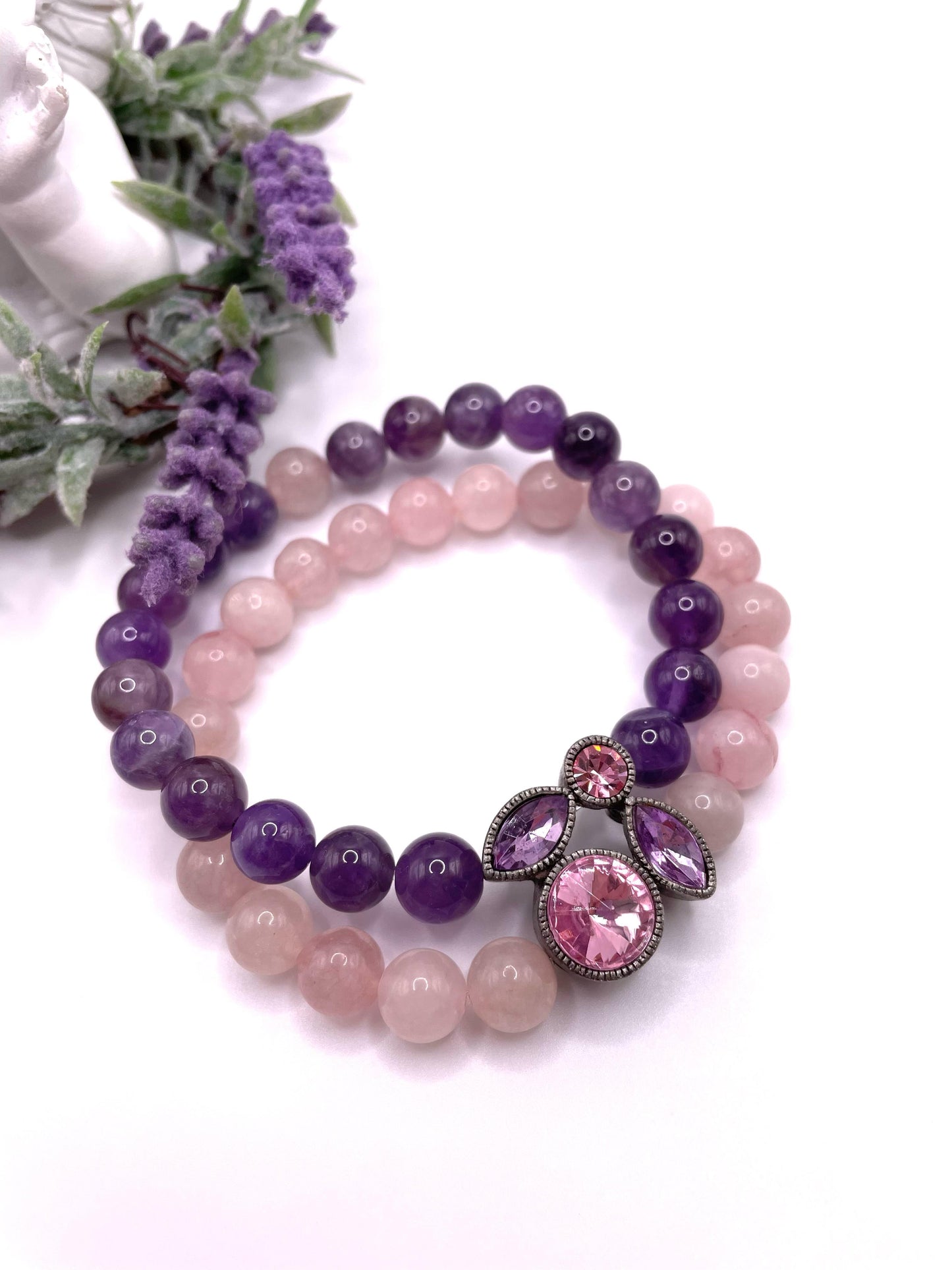 Rosenquarz, Amethyst, Armband zweireihig, elastisch