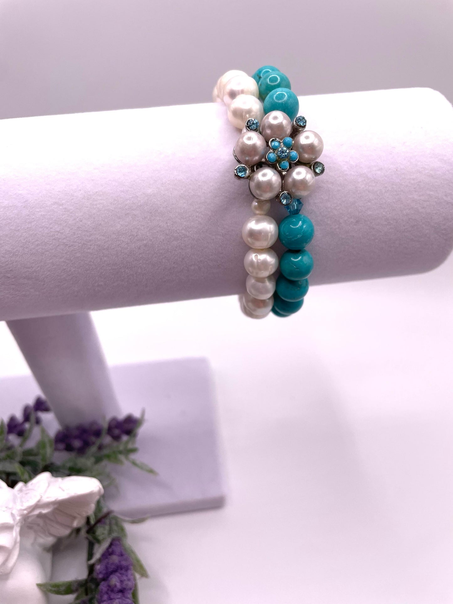 Süßwasserperlen, Howlith, Armband zweireihig, elastisch