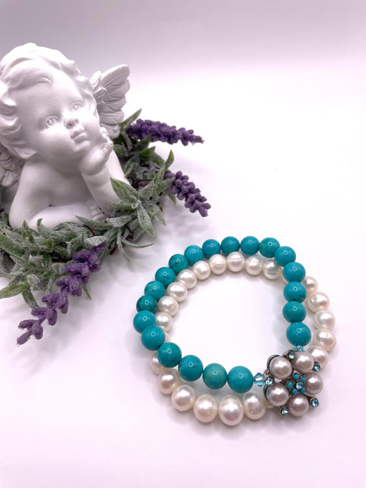 Süßwasserperlen, Howlith, Armband zweireihig, elastisch