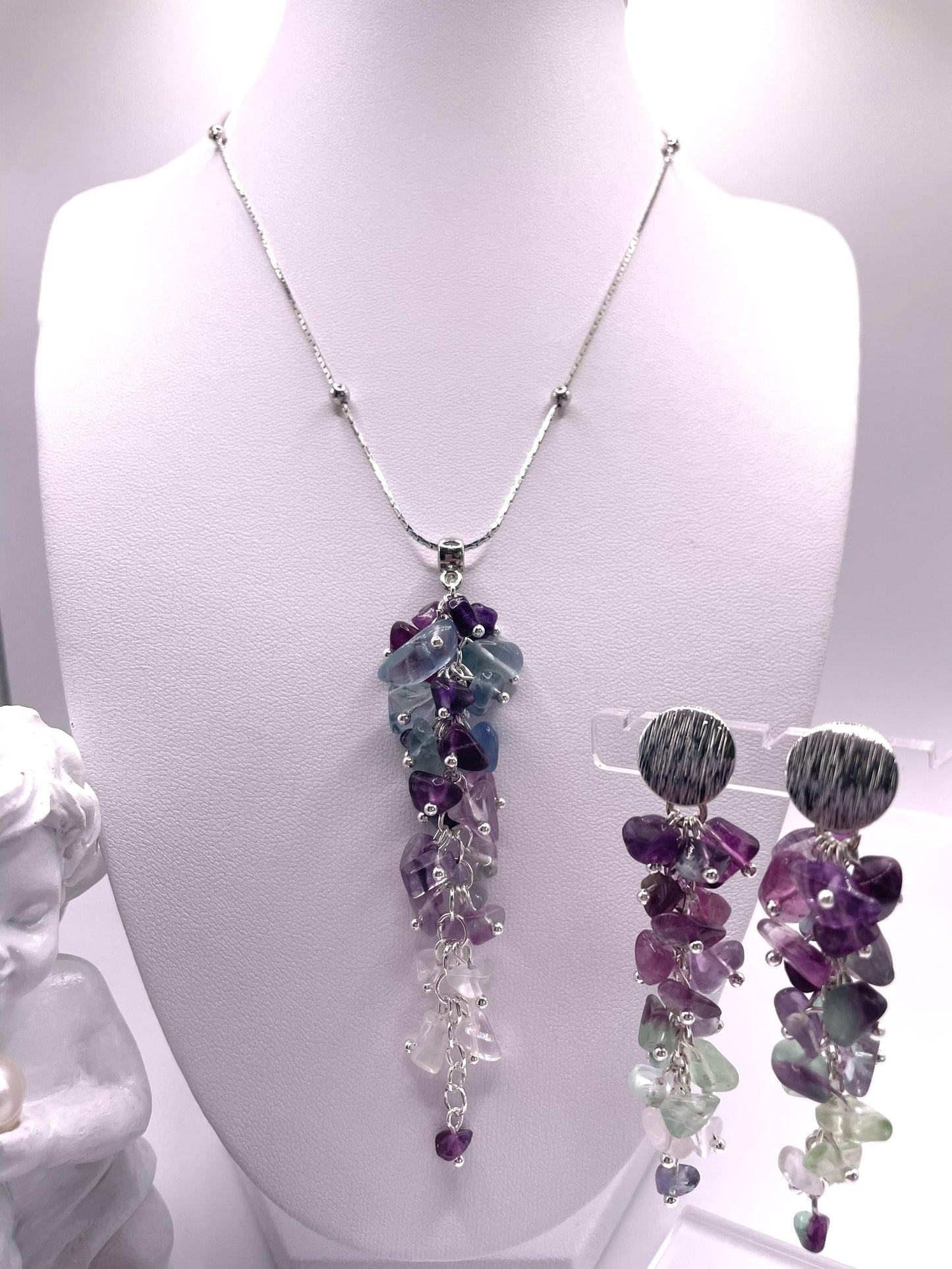 Wunderschönes Schmuck-Set mit Fluorit, Kette mit Anhänger und Ohrringe