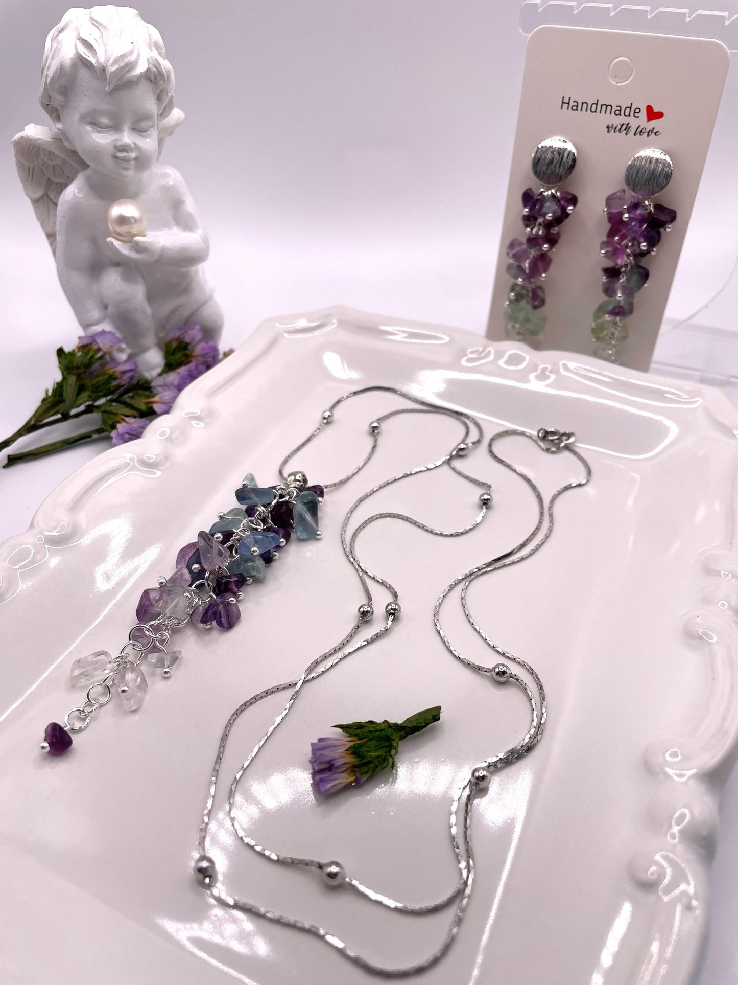 Wunderschönes Schmuck-Set mit Fluorit, Kette mit Anhänger und Ohrringe