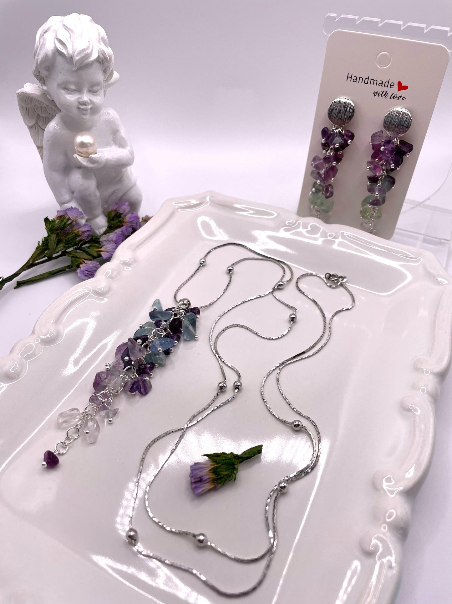 Wunderschönes Schmuck-Set mit Fluorit, Kette mit Anhänger und Ohrringe