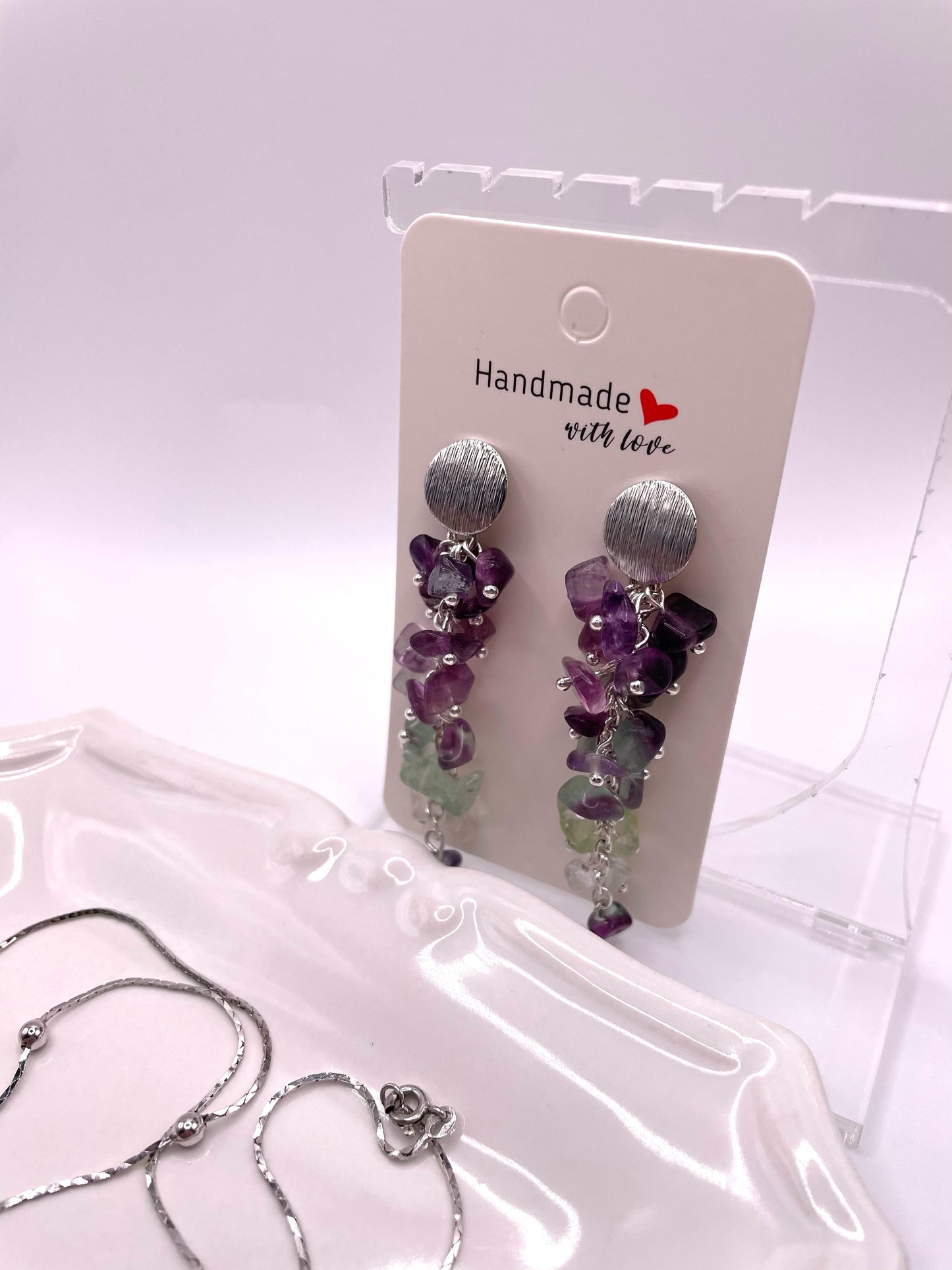 Wunderschönes Schmuck-Set mit Fluorit, Kette mit Anhänger und Ohrringe