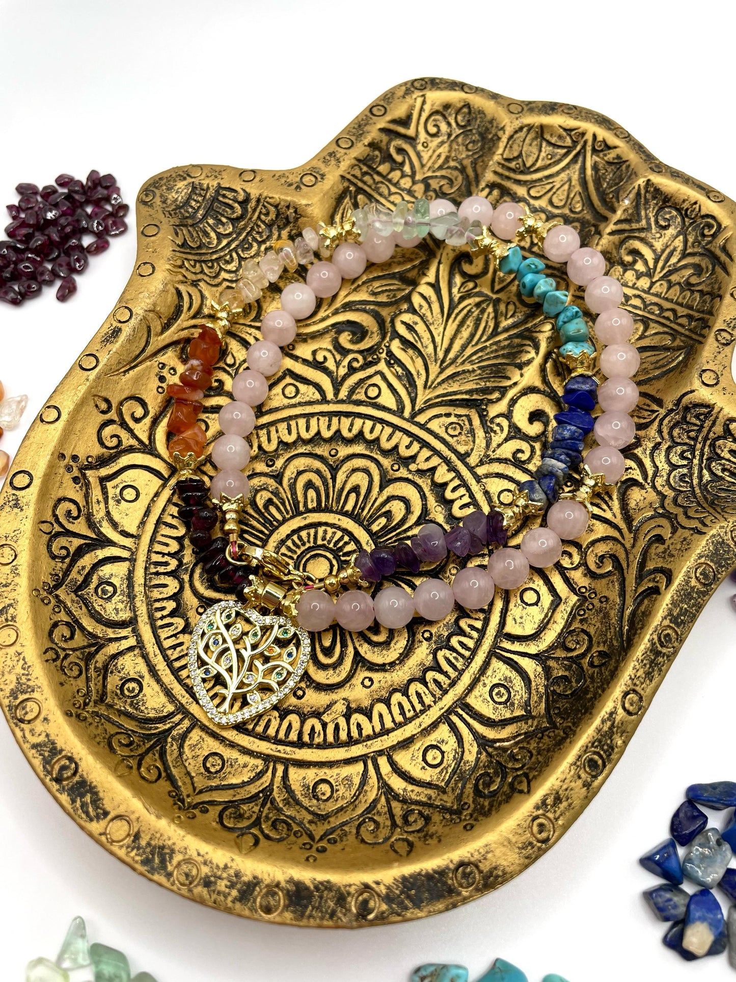 Chakren Kette, Edelsteinschmuck mit Rosenquarz