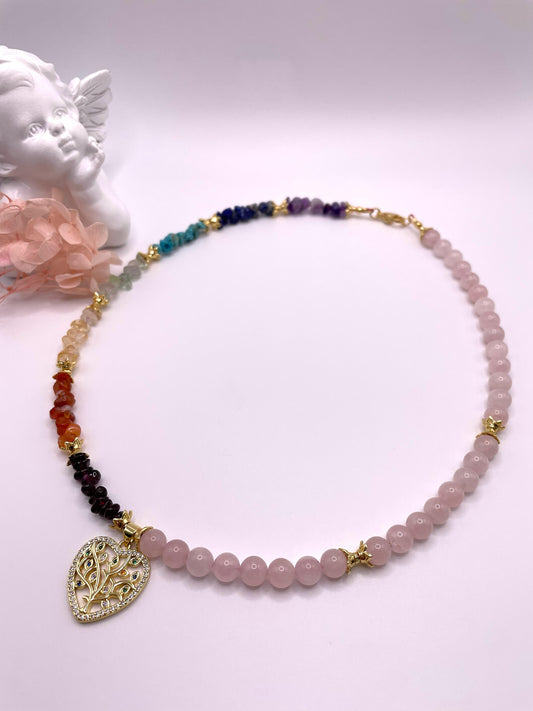 Chakren Kette, Edelsteinschmuck mit Rosenquarz