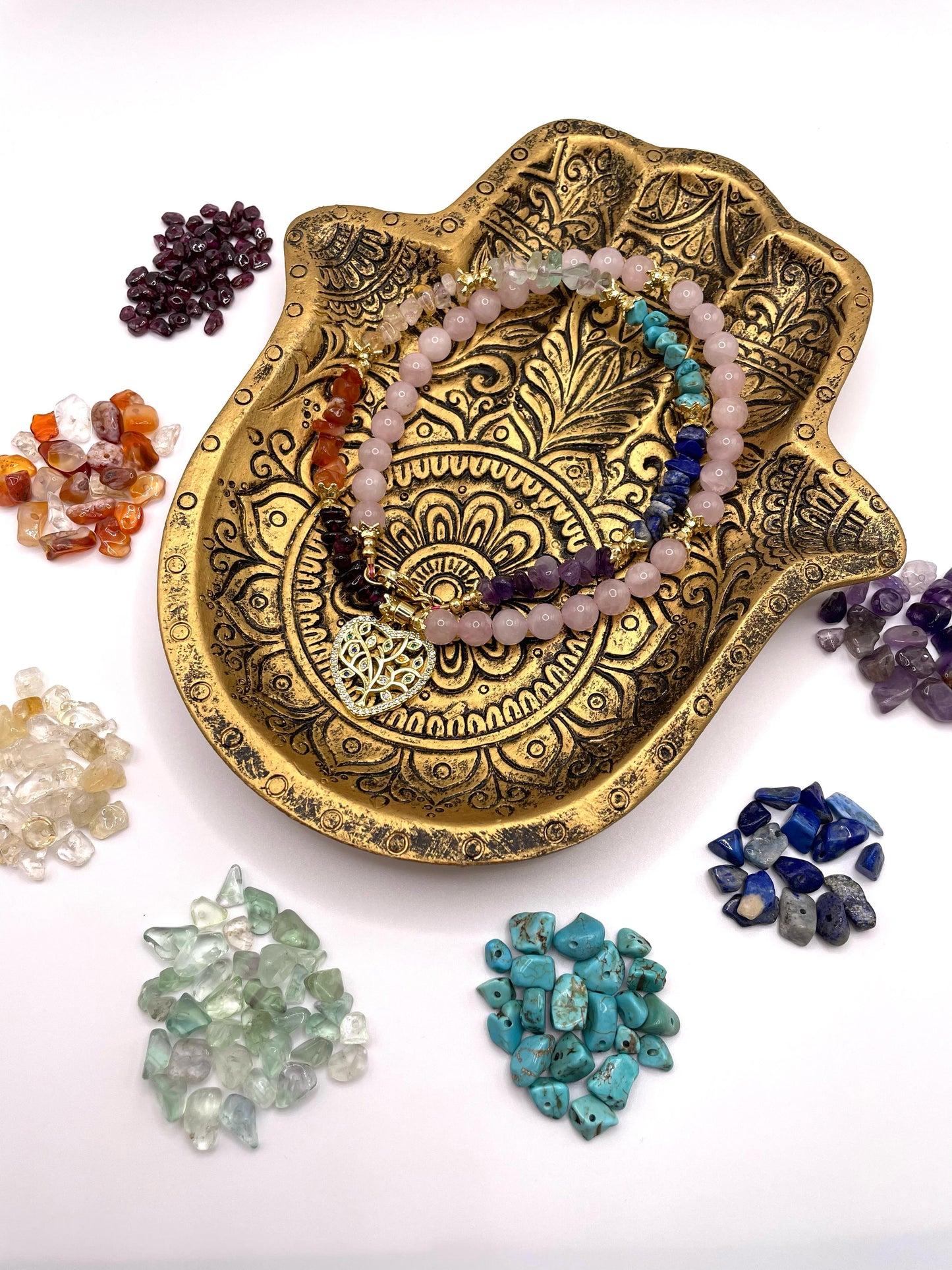 Chakren Kette, Edelsteinschmuck mit Rosenquarz