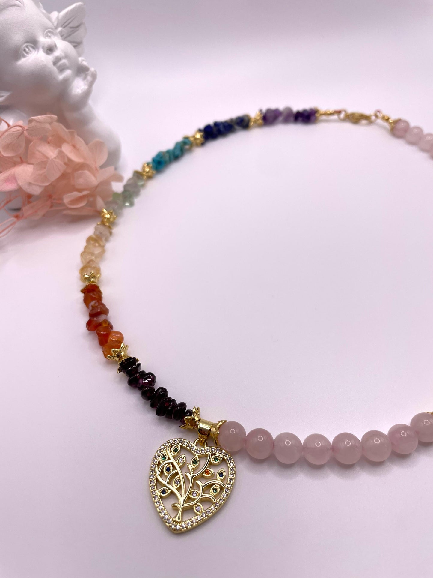 Chakren Kette, Edelsteinschmuck mit Rosenquarz