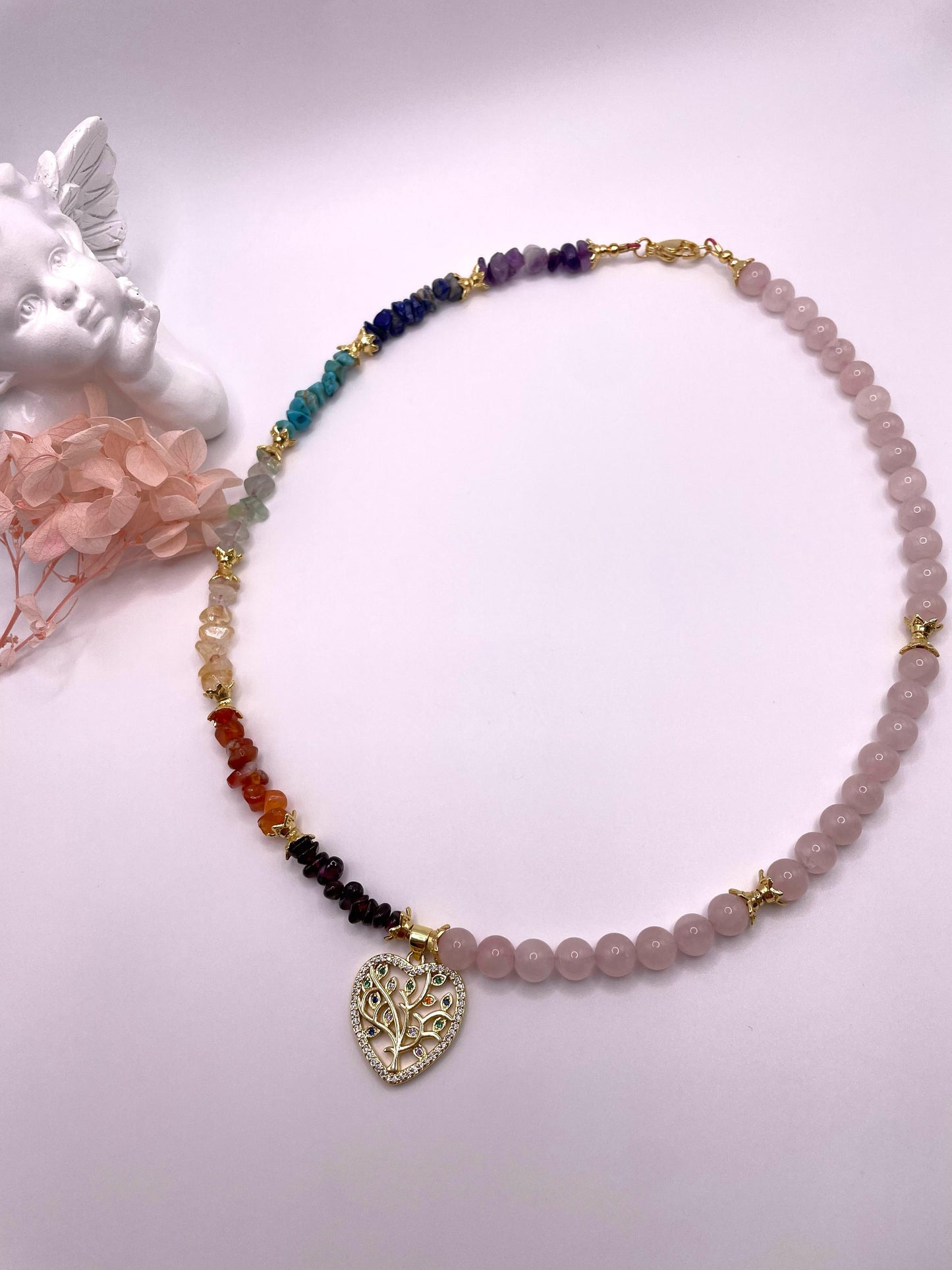 Chakren Kette, Edelsteinschmuck mit Rosenquarz