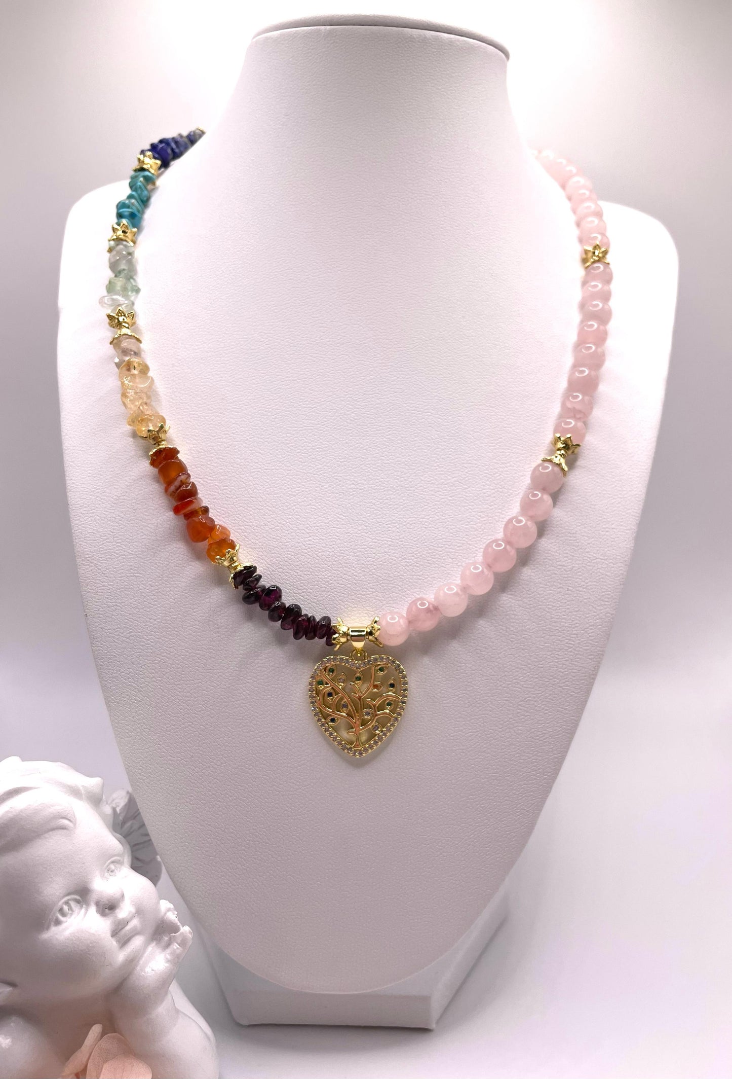 Chakren Kette, Edelsteinschmuck mit Rosenquarz