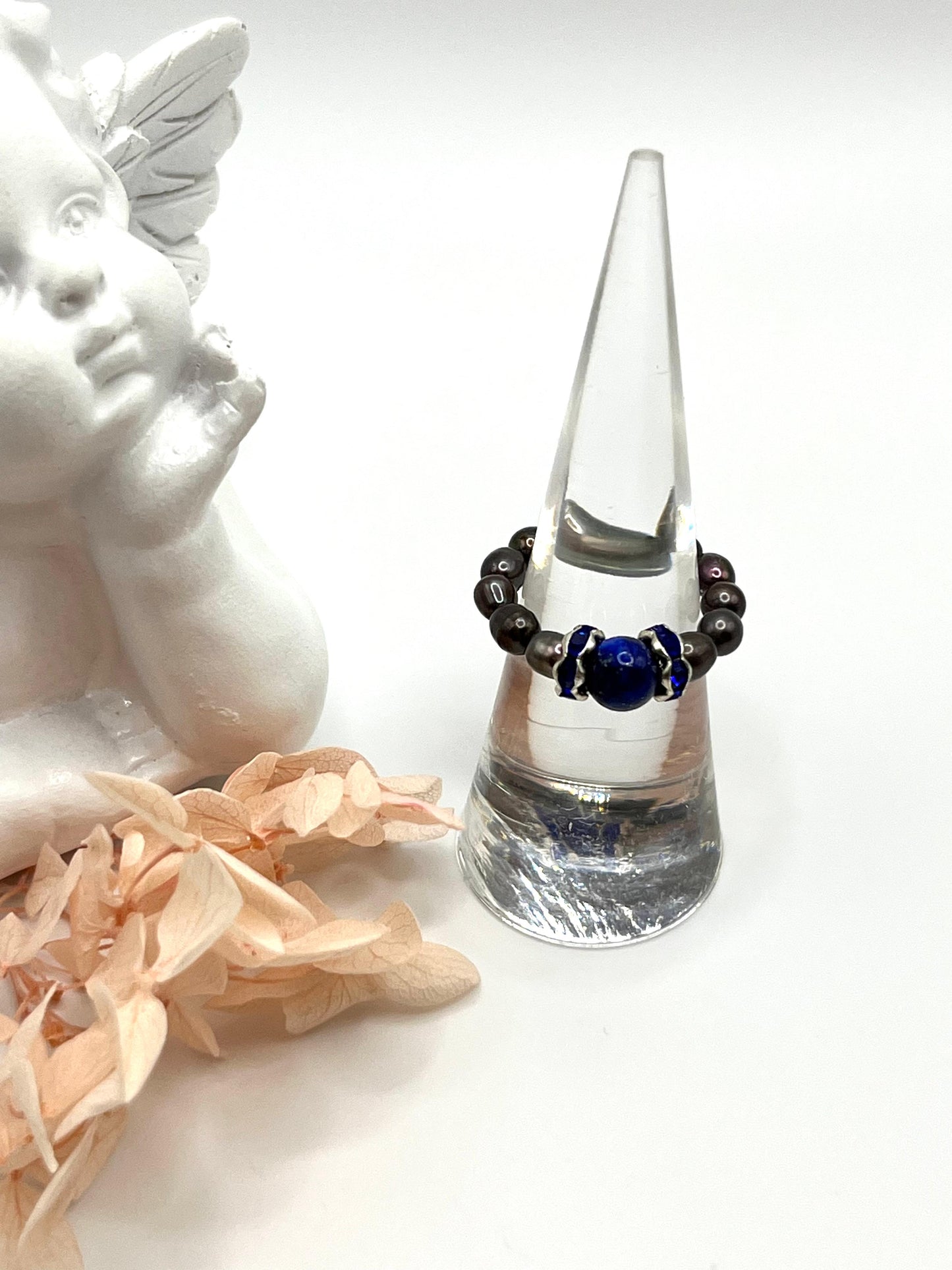 Perlenring mit Lapislazuli, echte Süßwasserperlen