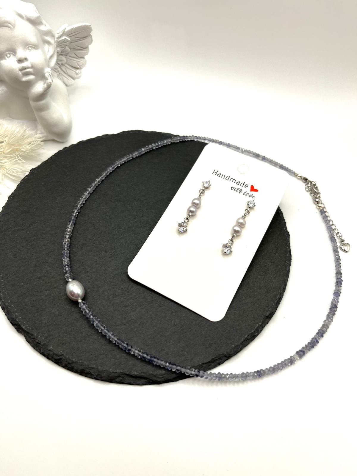 Iolit - Süßwasserperlen Schmuckset, Kette, Ohrringe