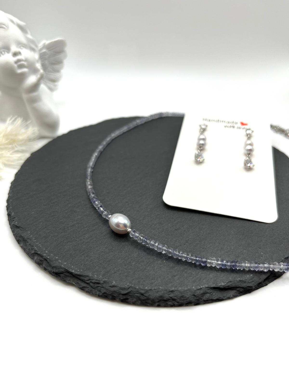 Iolit - Süßwasserperlen Schmuckset, Kette, Ohrringe