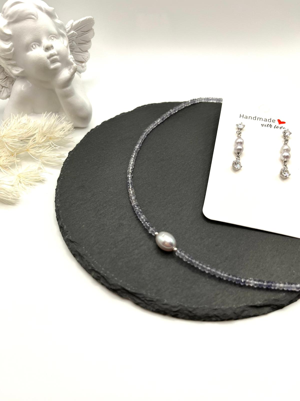 Iolit - Süßwasserperlen Schmuckset, Kette, Ohrringe