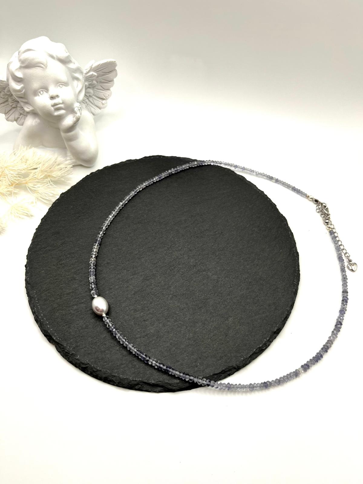 Iolit - Süßwasserperlen Schmuckset, Kette, Ohrringe