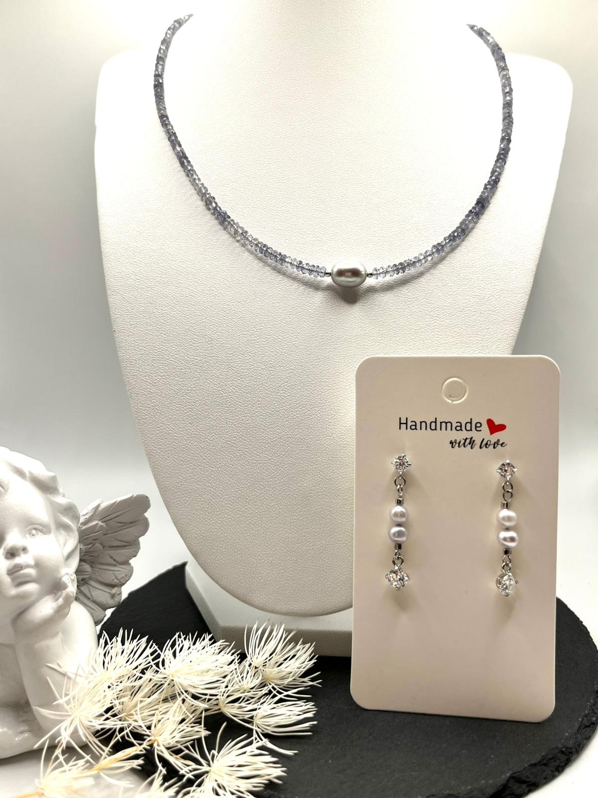 Iolit - Süßwasserperlen Schmuckset, Kette, Ohrringe