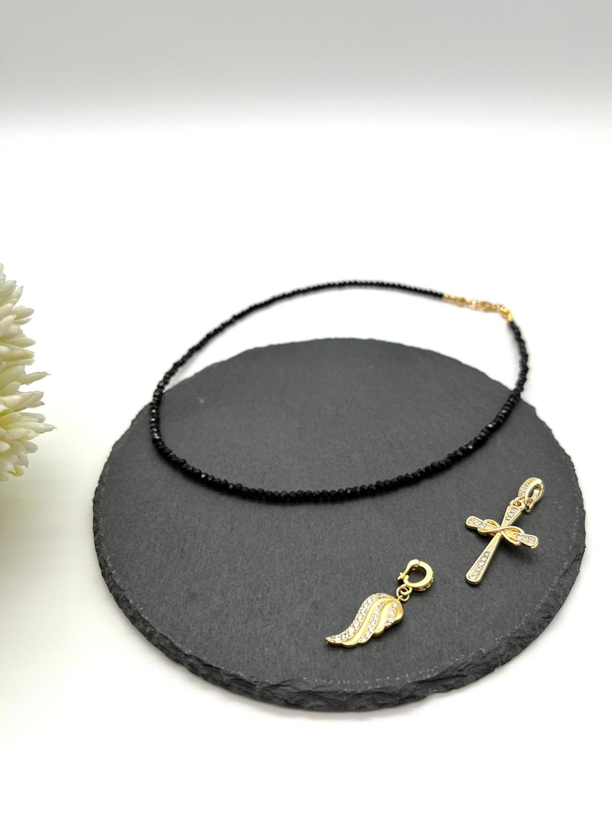 Edelsteinkette aus  Turmalin Schörl mit zwei Anhänger in gold