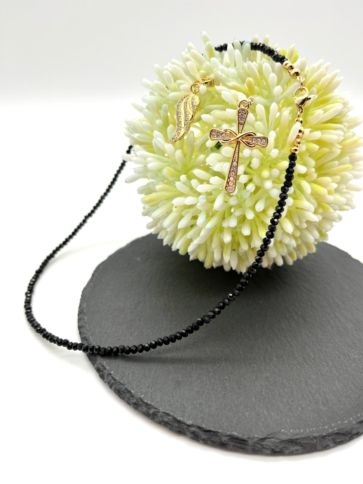 Edelsteinkette aus  Turmalin Schörl mit zwei Anhänger in gold