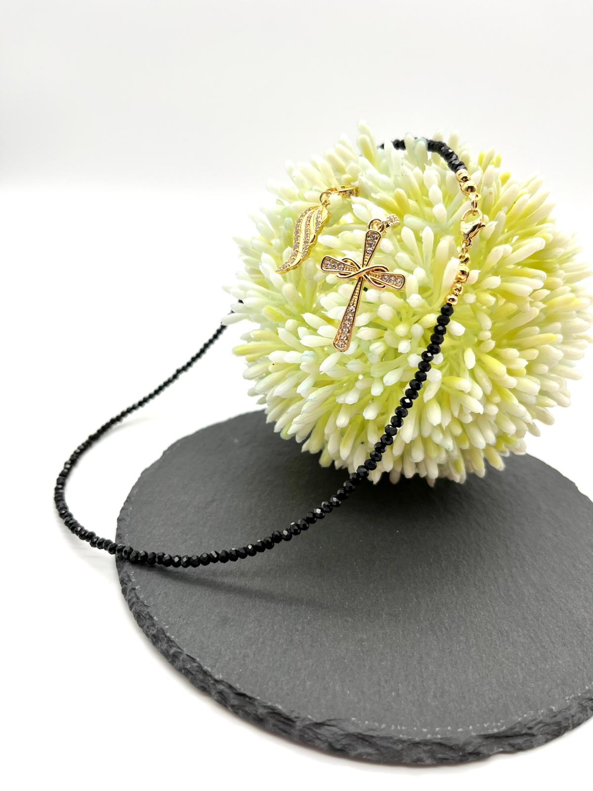 Edelsteinkette aus  Turmalin Schörl mit zwei Anhänger in gold