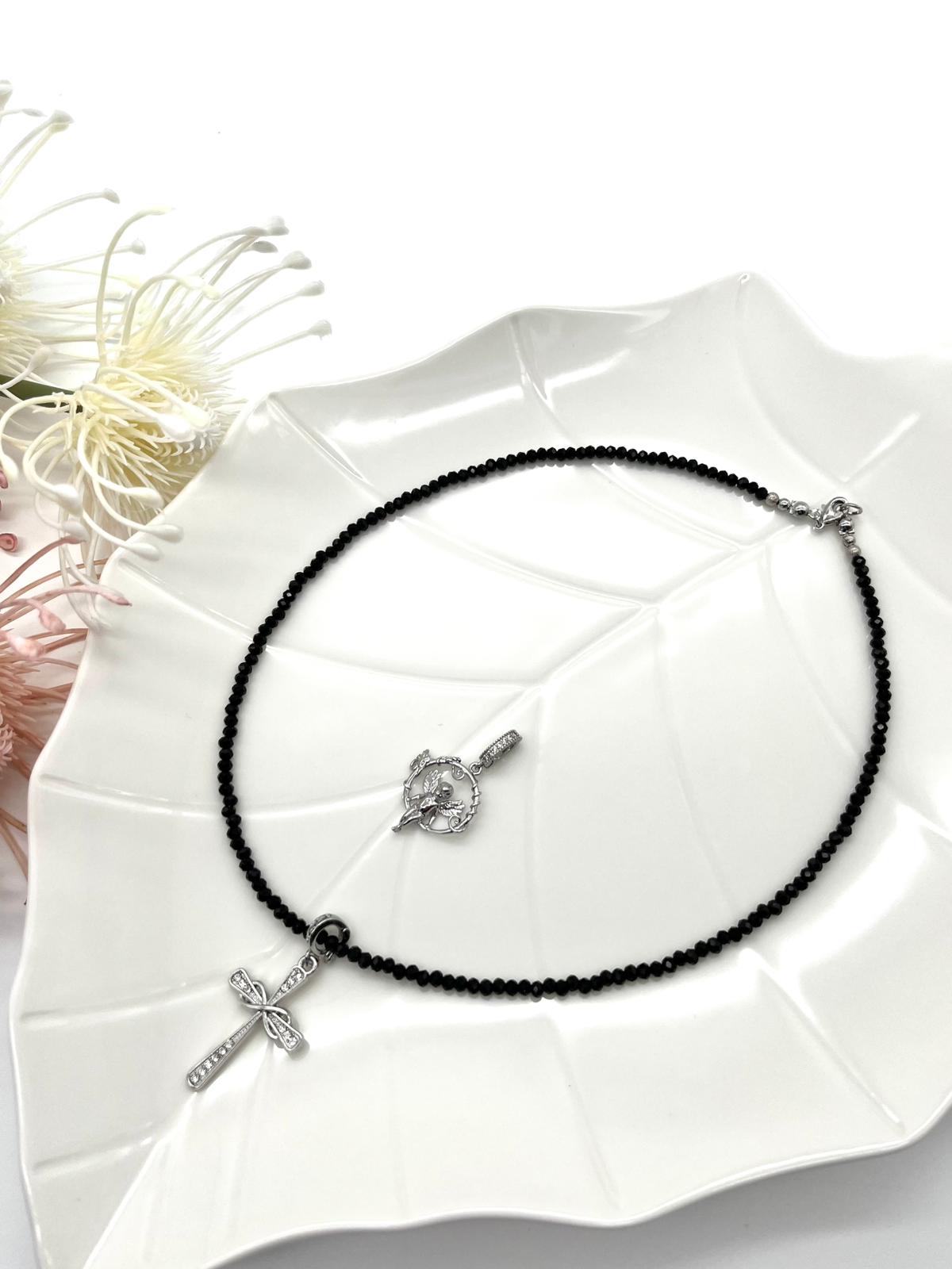 Edelsteinkette aus Turmalin Schörl mit zwei Anhänger in silber