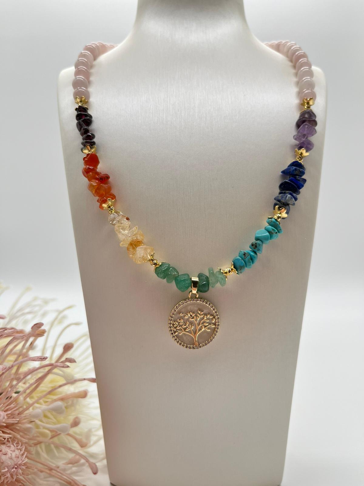 Chakren Kette, Edelsteinschmuck mit Rosenquarz