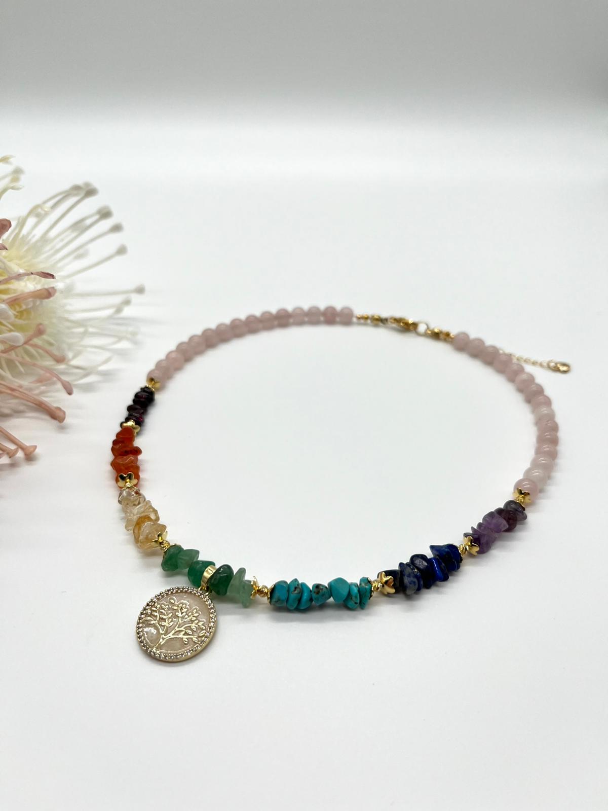 Chakren Kette, Edelsteinschmuck mit Rosenquarz