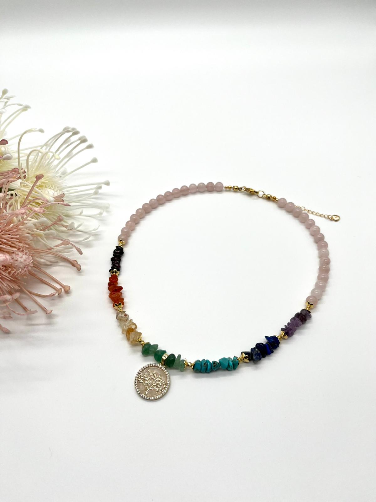 Chakren Kette, Edelsteinschmuck mit Rosenquarz
