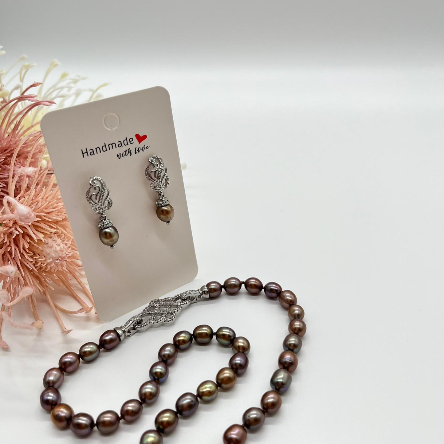 Schmuckset, Perlenkette in schimmernden Pfauentönen, handgeknotet